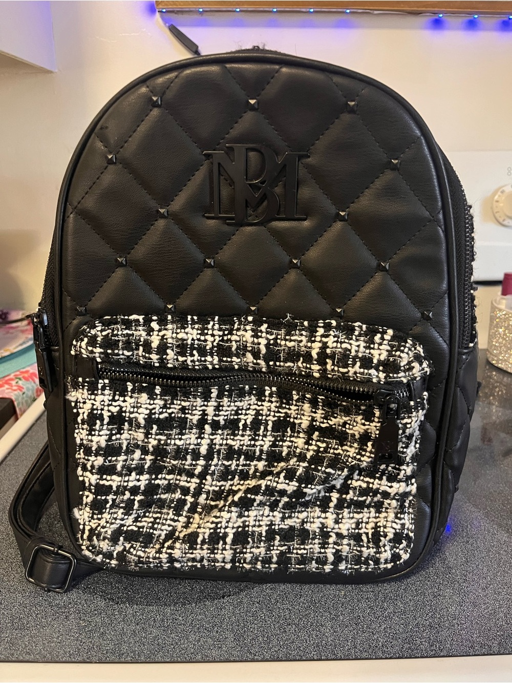 Badgley Mischka Quilted Mini Backpack with Tweed Front Pocket